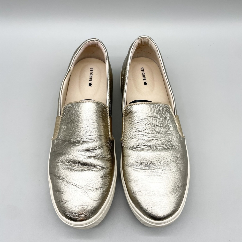Birdies Womens 9 Swift Metallic Gold Leather Slip On Sneakers Shoes Preppy Chic